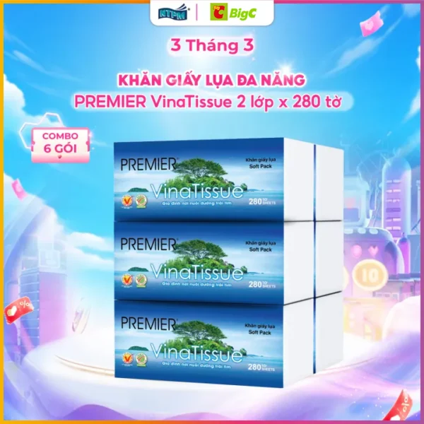 [COMBO 6 GÓI] Khăn giấy lụa đa năng PREMIER VinaTissue, 2 lớp – 100% bột giấy nguyên sinh, không chất tẩy, 280 tờ/gói – Chính hãng